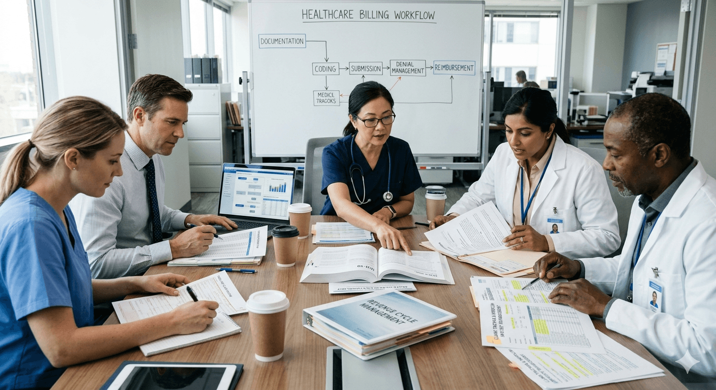 Medical team reviewing healthcare documentation and billing workflows